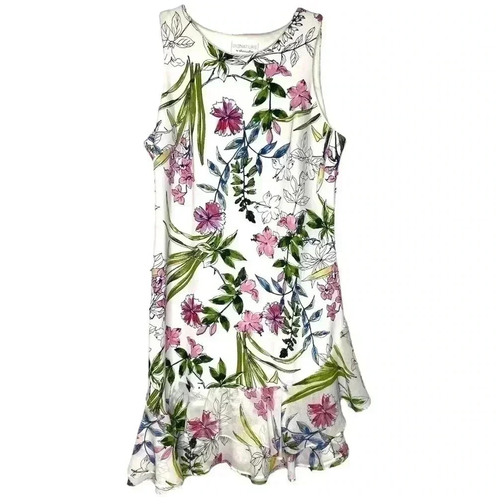 Signature by Robbie Bee White Floral Botanical Boho Ruffled Flutter Dress